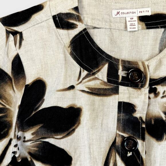 JM Collection Petite 100% Linen Floral 3/4 Sleeves Button Up Top Blouse Size 10P - Picture 7 of 13